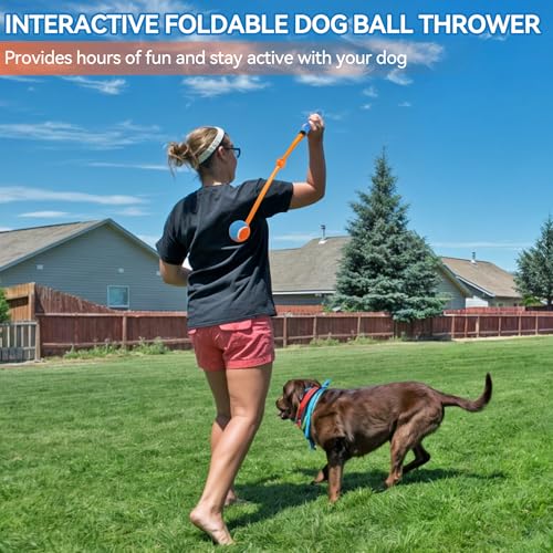 ALL FOR PAWS 25“Dog Ball Launcher, Foldable Tennis Ball Thrower with Soft and Comfortable Tennis Racket-Like Handle Grip, 2.5 inch Ball Included