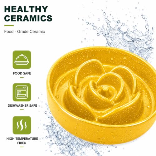 Ceramic Slow Feeder Dog Bowls with Raised Stand, 0.9 Cups Elevated Slow Feeding Bowl for Small Dogs and Cats, Non-Slip Pet Food Dish Helps Reduce Gulping and Bloating - color: Yellow, size: 5.1 inch