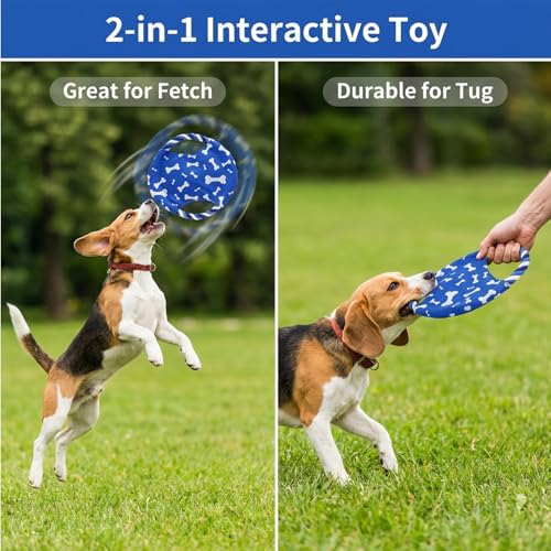 Dog Rope Flying Disc Toy with Squeaker | Durable Canvas Center & Braided Cotton Rope Ring | 2-in-1 Fetch & Tug Interactive Toy for Small & Medium Dogs | 8.8 Inch
