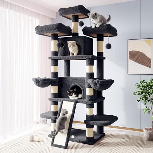 Allewie 82 Inches Large Cat Tree/House/XXL Tall Cat Towers for Big Feline/Scratching Post/Multi-Level Large Kitty Climbing Tree with Condo/Smokey Grey - color: Smoky Grey, size: 82 in