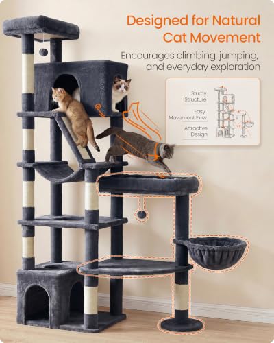 Feandrea Large Cat Tree, 74.1" Tall Sturdy Cat Tower for Indoor, Dark Gray - color: Dark Gray, size: 41.3"L x 17.7"W x 74.1"H