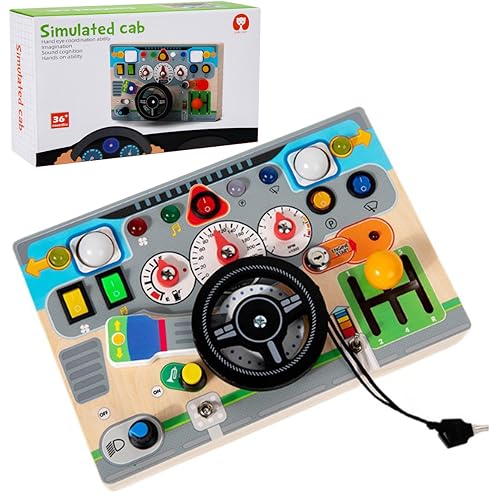 Wooden Montessori Busy Board for Toddlers 4-8 - Wooden Dashboard Steering Wheel Toy， Fine Motor Skill Development Toy for Kids 3-6， Educational Pretend Driving Busy Board for Boys & Girls