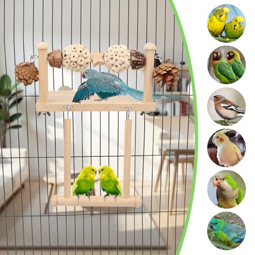 Litewoo Wooden Bird Swing Perch Platform with Chew Toys for Parrot, B - color: Two Sola Balls