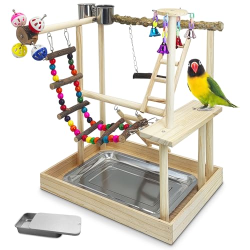 PINVNBY Bird Playground Parrot Natural Wooden Perch Stand Birds Gym - size: Two Floors With Bell Platform