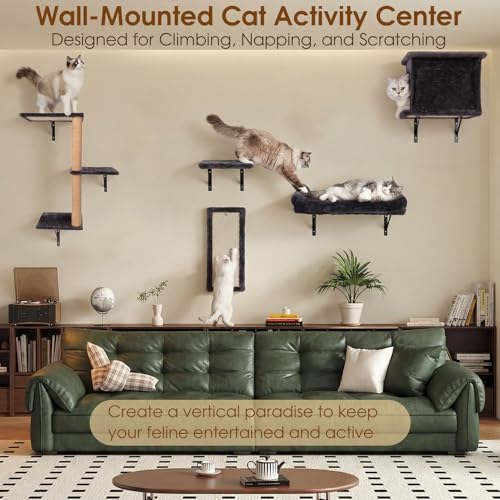 5-in-1 Cat Wall Shelves for Large Cats, Floating Climber with Scratcher - color: Black