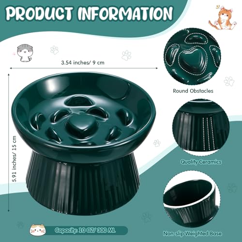 Tioncy 1 Pcs Ceramic Elevated Slow Feeder Cat Bowl, Dark Green - color: Dark Green