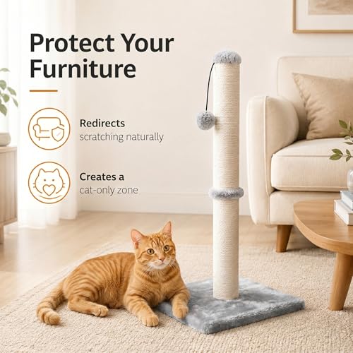 Dimaka 29" Tall Cat Scratching Post, Sisal Rope Scratcher, Grey - color: Grey, size: 29 inches for All Cats