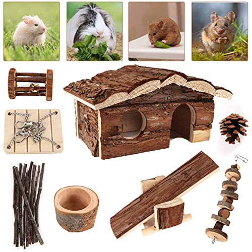 17 Pack Hamster Chew Toys, Wooden Cage Accessories with House & Food Bowl