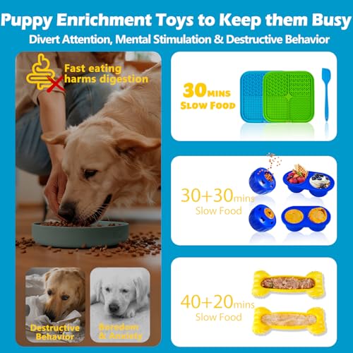 6 Value Pack Enrichment Toys for Dogs Lick Mat, Frozen Bone Power Chew & Frozen Dog Puzzle Toy, Treat Dispensing Slow Feeder Dog Enrichment Toys to Keep Them Busy for Stimulating & Cognitive Toys - color: Blue-Green-Klein-Yellow