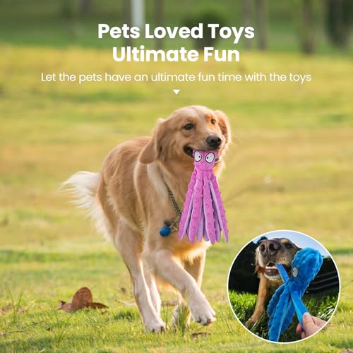 HGB Squeaky Dog Toys No Stuffing Octopus Crinkle for Large Medium Small Dog - color: Octopus Purple & Blue