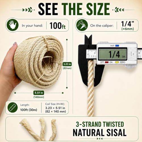 Sisal Rope for Cat Scratching Post 1/4 Inch x 100 ft Twine - size: 1/4" × 100FT