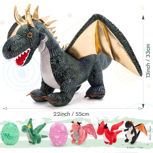 Dragon Plush Toy with 4 Babies, 21.7" Stuffed Animal, Dark Green - style: Dragon Dark Green