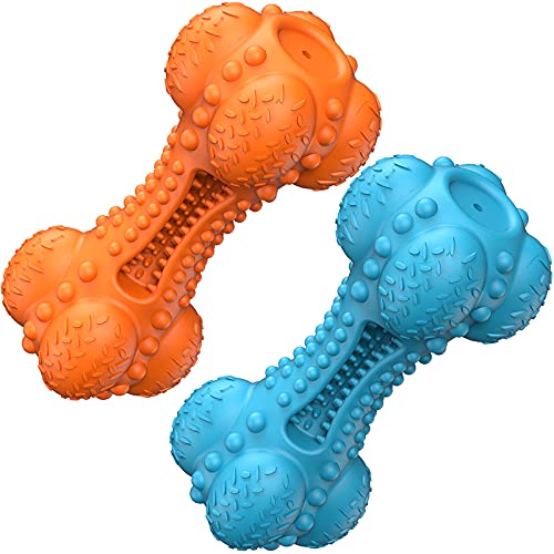 SCHITEC Two Squeaky Dog Chew Toy for Aggressive Chewers Large Breed, Tough Indestructible Rubber Bone with Toothbrush for Big Medium Dogs Teeth Cleaning, Blue and Orange - color: Orange & Blue