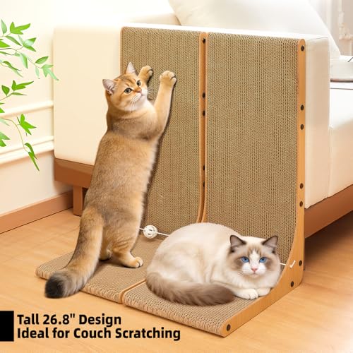 Value 2-Pack 26.8 Inch Cat Scratching Post, Premium High Density Cardboard Cat Scratcher for Multi-Cat Homes, Reinforced Durable Scratching Pad with Catnip Toy Ball for Indoor Cats - size: 26.8 Inch 2-Pack