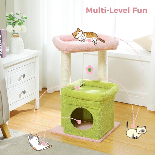 PEQULTI Small Cat Tree Tower for Indoor Cats, Sisal Post & Cozy Condo, Pink - color: Pink, size: M(15.7"L x 15.7"W x 26.7"H)