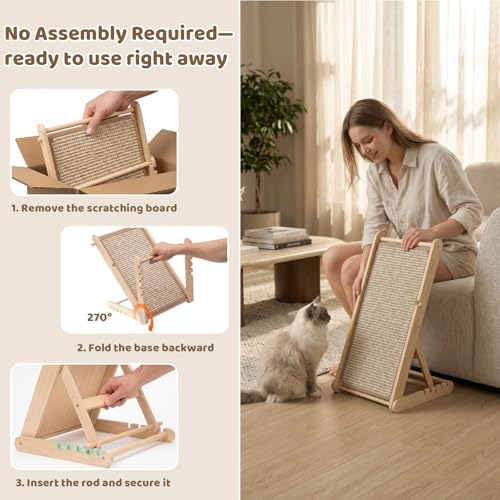 XiaZ Cat Scratcher, 23" Sisal Cats Scratching Board with 5 Adjustable Heights, No Assembly Required, Foldable Cat Scratchers for Indoor Cats and Kittens, Ready to Use - size: 15.7"L x 13.7"W x 23"H
