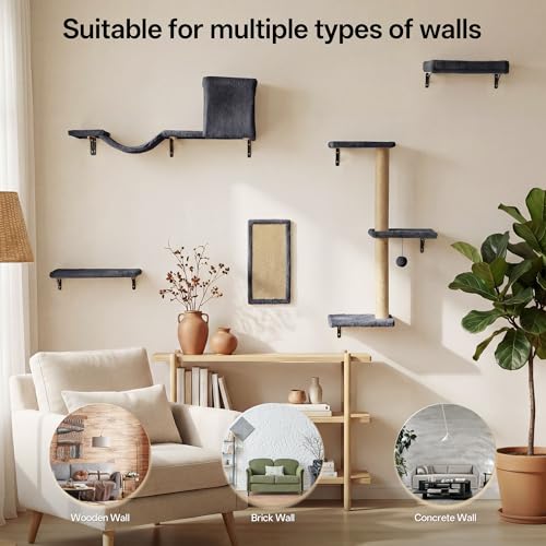 MEWANG Cat Wall Shelves, 5-in-1 Cat Wall Furniture Set, Grey - color: grey
