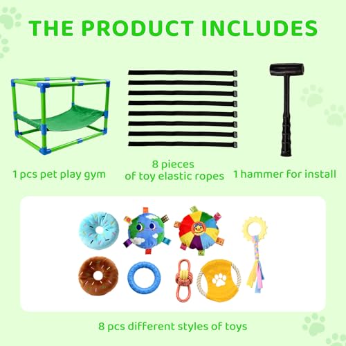 Puppy Play Gym with Hammock 8 Hanging Toys, Dog Jungle Gym Indoor Pets Cats Toys, Teething Chew Toys Puppy Gym Activities Center for Cats Adjustable Playground for Small Dogs at Home PVC Frame