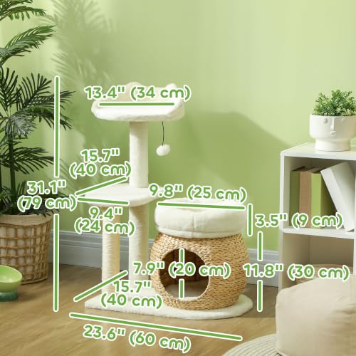 PawHut 31" Cat Tree for Indoor Cats w/Sisal Scratching Posts Cream White