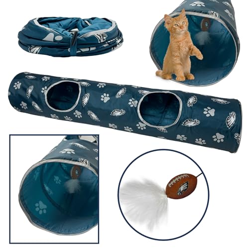 NFL Philadelphia Eagles Cat Tunnel Tube Toy with Plush Football Catnip and Feathers Collapsible Tunnel for Cats to Play, Peek and Hide, Sporty & Fun Cat Tunnel Toy with Team Logo All-Over Design! - color: Philadelphia Eagles