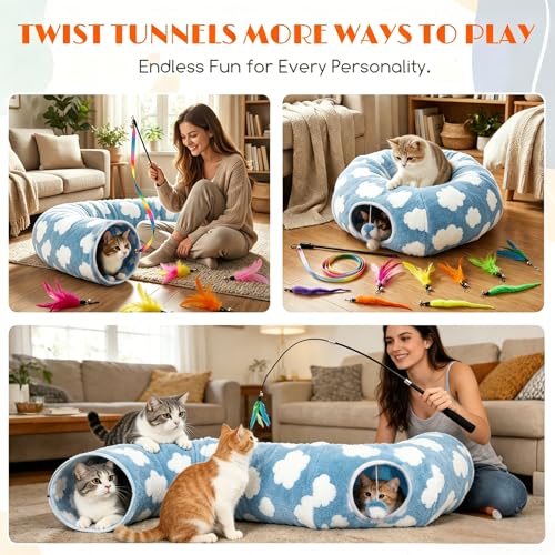 Cat Tunnel Bed with Toys – Large Collapsible Play Tube (Blue) - color: Cozy Clouds Blue