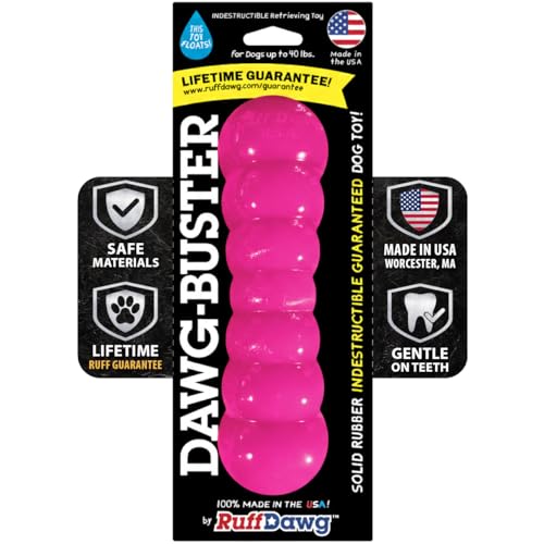 Ruff Dawg Indestructible Dawg-Buster Medium Pink – Heavy-Duty Solid Rubber Dog Chew Stick for Dogs Under 40 lbs – Floats & Bounces – Made in USA - color: Pink, size: MD 8.5”