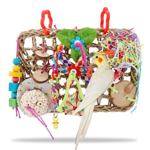 Hypeety Bird Toys Parrot Foraging Toys Bird Chew Toys Parakeet Shredding Seagrass Climbing Mat with Various Toys for Conure, Cockatiel, Lovebird, Parakeet, Budgie (M(Solla Ball)) - color: M(Solla Ball)