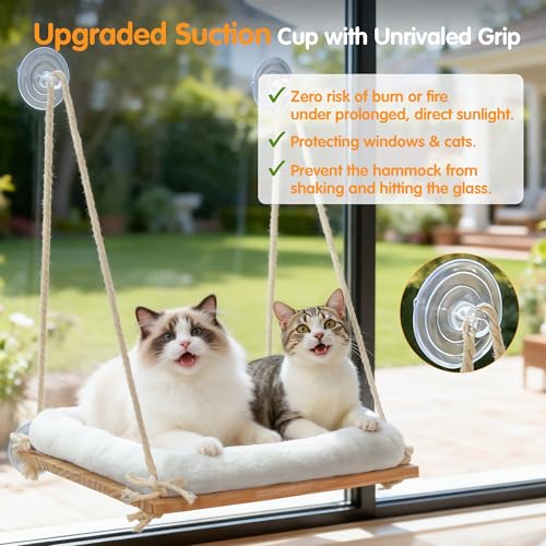 Large Cat Window Perch Hammock, Solid Wood Seat & Plush Cushion - size: Suction Cup Mount - Large