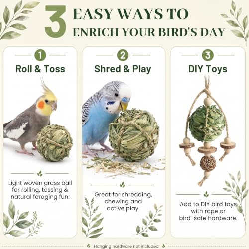 Natural Woven Grass Balls Small Pet Chew Toys, Handmade Wooden Bird Parrot Hamster Rabbit Foraging Balls, Safe Shred Toys for Parakeet Cockatiel Guinea Pig Chinchilla, Timothy Grass Ball - style: Novelty