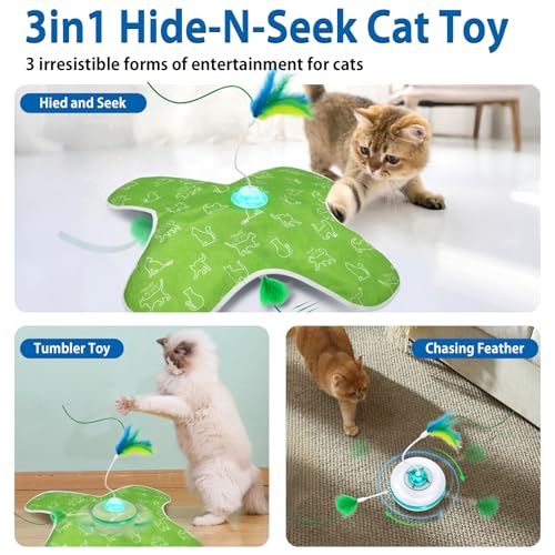Muhhiba Interactive Cat Toys Rechargeable, Hide and Seek Kitten Toy with Touch Activated, Moving Concealed Feather, Tumbler Toy Design, Automatic Cat Toys for Indoor Cats to Chase and Exercise
