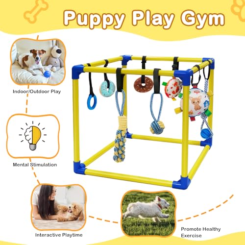 Puppy Play Gym with 8 Hanging Toys, Indoor Activity Gym for Small Dog with Enrichment Interactive Toy Adjustable PVC Frame Training Activity Center Puppies Entertainment, Teething (Yellow)