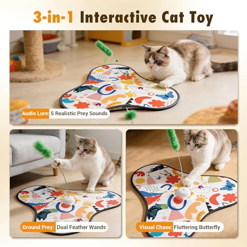Interactive Cat Toys for Indoor Cats,3-in-1 Hide and Seek Cat Toy with Moving Concealed Wand Feather&Fluttering Butterfly,3 Prey Sounds，Auto Chargeable Play Mat for Bored Adult Cats&Kittens(White) - color: White