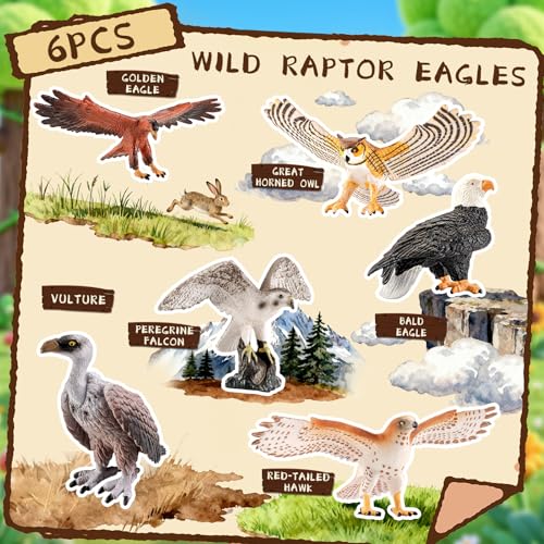 6PCS 6" Large Birds of Prey Animal Figurines,Include Hawk,Eagle,Owl,Falcon & Vulture Figures,Solid Plastic Zoo Animal Models Toys, Birthday Gift Cake Toppers Party Favors for Boys Girls - style: Realistic