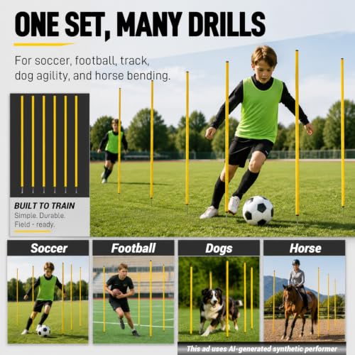 6 Pcs 5FT Adjustable Agility Training Poles for Soccer,Basketball,Football,Dog,Horse Training-Speed and Agility Training Equipment Sports Training Sticks with Stainless Steel Ground Nails - color: Yellow