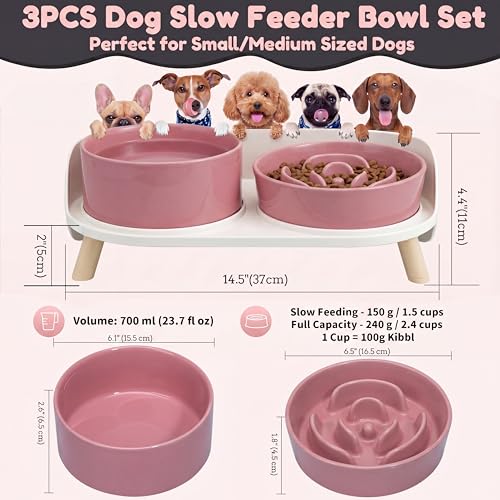 Elevated Slow Feeder Dog Bowls with Splash Proof Stand, Slow Eating 5X - color: Pink