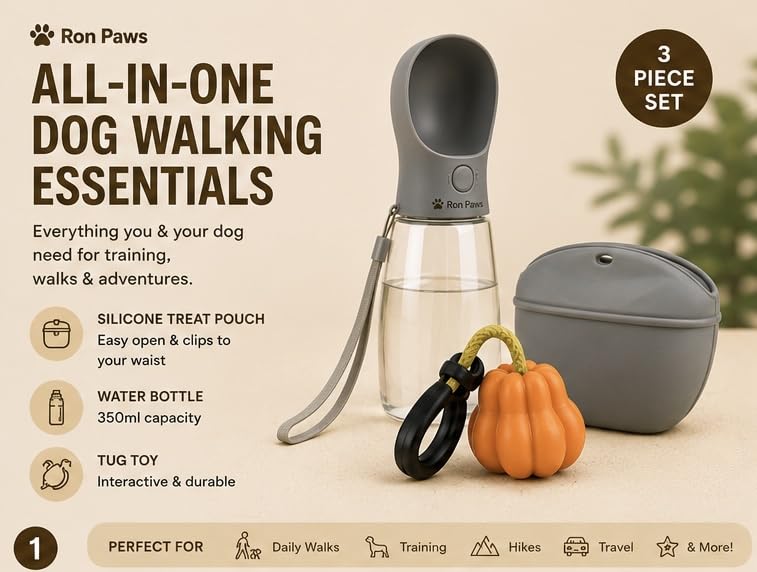 3-in-1 Dog Walking Kit - Silicone Treat Pouch, Portable Water Bottle (350ml) & Rope Tug Toy - Hands-Free Training Set