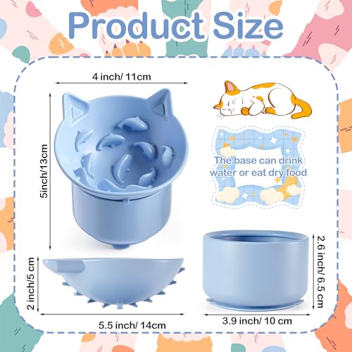 2 Pack Elevated Slow Feeder Cat Bowl for Dry and Wet Food, Silicone Cat Slow Feeder, Tilted Design with Non Slip Base for Digestion Anti Vomit, Adjustable Angle (Green, Blue)