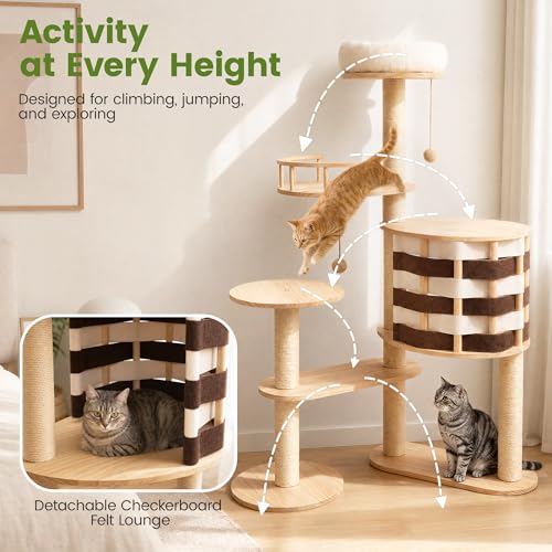 48 Inch Solid Wood Cat Tree, Modern Cat Tower for Indoor Cats, Chessboard Style Cat Condo with Guardrail Perch, Sisal Scratching Posts, Washable Cushion, Hanging Balls, Natural