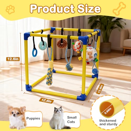 Puppy Play Gym with 8 Hanging Toys, Indoor Activity Gym for Small Dog with Enrichment Interactive Toy Adjustable PVC Frame Training Activity Center Puppies Entertainment, Teething (Yellow)