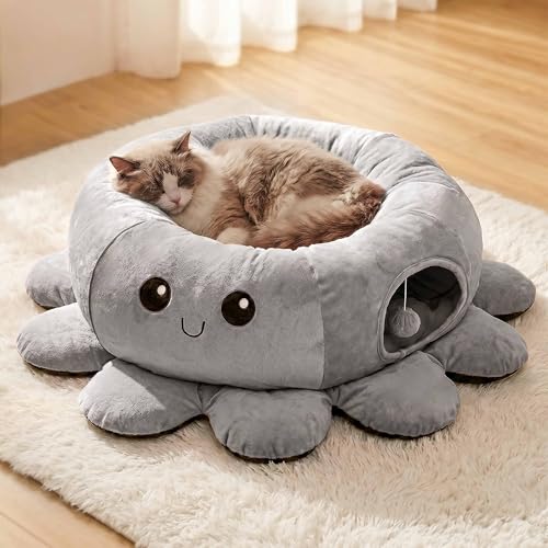 Cat Tunnel Bed for Indoor Cats, Peekaboo Cat Cave Bed, Grey - color: Grey