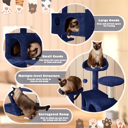 Yaheetech 54in Cat Tree Tower, 2 Caves, Kitten-Ear Perch & Scratching Posts - color: Navy Blue, size: 54in