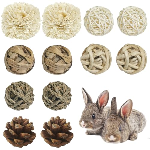 kathson 12 Pack Natural Bunny Chew Balls Small Animal Activity Toys Rabbit Play Ball Rolling Toy Gnawing Treats Timothy Grass Balls for Guinea Pigs Chinchilla Pet Cage Entertainment