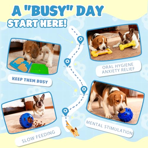 6 Value Pack Enrichment Toys for Dogs Lick Mat, Frozen Bone Power Chew & Frozen Dog Puzzle Toy, Treat Dispensing Slow Feeder Dog Enrichment Toys to Keep Them Busy for Stimulating & Cognitive Toys - color: Blue-Green-Klein-Yellow