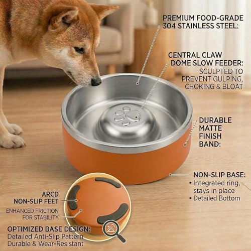 Stainless Steel Slow Feeder Dog Bowl, Heavy Duty Thickened Metal Dog Bowl, Non-Slip Base, Dishwasher Safe, Anti Gulping Feeding Bowl for Small to Medium Dogs & Cats, 56 oz, (Orange) - color: Orange