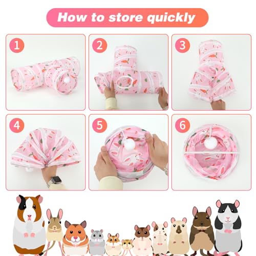 Rypet Guinea Pig Tunnel Hideout 3-Way Collapsible Pet Tubes, Carrot Pink - color: Pink