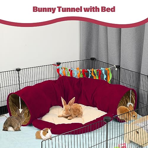 BWOGUE Bunny Tunnel Bed, 2-in-1 Collapsible Rabbit Tunnel Hideout with Mat - color: Red