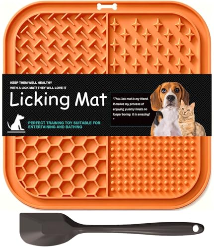 Licking Mat for Dogs & Cats with Suction Cups, 1 Pack Square Dog Slow Feeder Lick Pat for Anxiety Relief & Boredom, Dog Toys to Keep Them Busy Pets Bathing Training Grooming Mat 7.8 * 7.8 inches - color: 1Pack-Orange