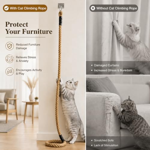 1.38" x 6.56Ft Cat Climbing Rope for Ceiling & Wall Mounted,Cat Climbing Sisal Rope Furniture Pole Scratching Post for Indoor and Outdoor Cats Scratching Playing