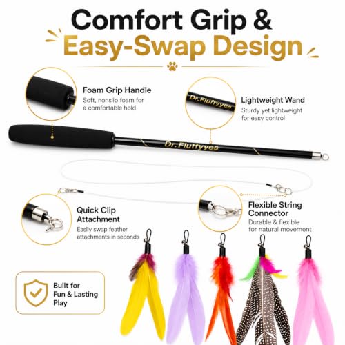 Cat Wand Toy with 5 Feather Attachments – Interactive Cat Teaser Wand & Cat Fishing Pole Toy for Indoor Cats, Feather Cat Toy for Exercise, Chase & Play, Fun Kitten Toys for Bored Cats