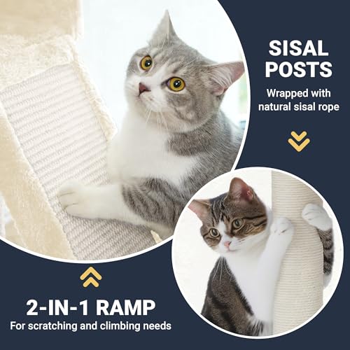 Allewie 82 Inches Large Cat Tree/House/XXL Tall Cat Towers for Big Feline/Scratching Post/Multi-Level Large Kitty Climbing Tree with Condo/Beige - color: Beige, size: 82 in